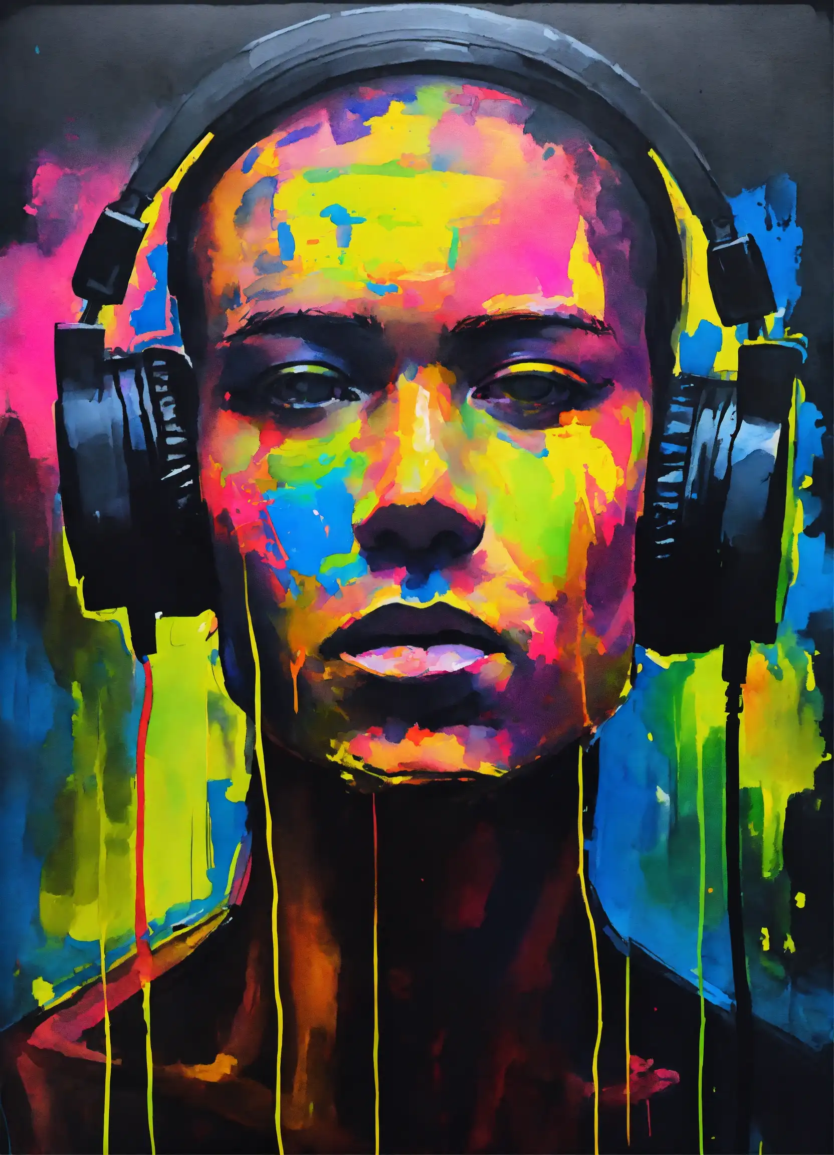 Colorful human face wearing headphones.